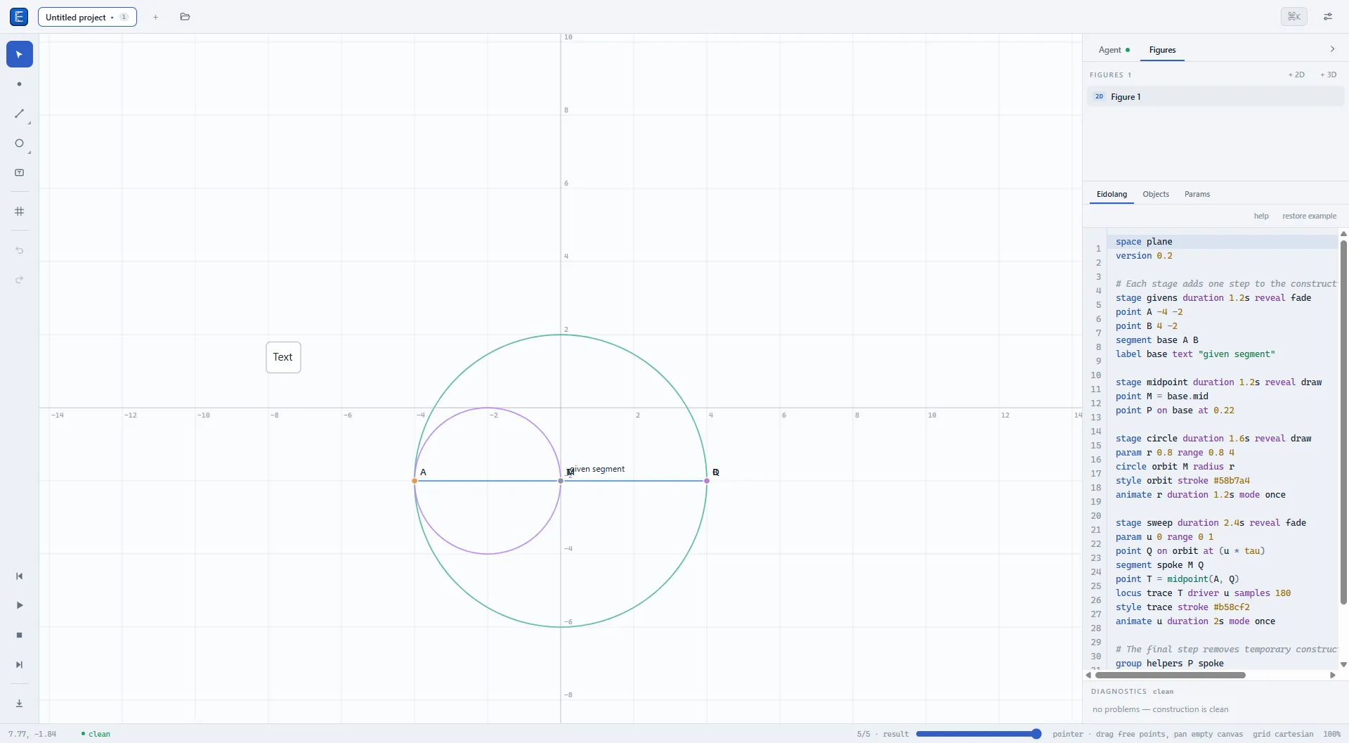 Eidograph's workspace with a geometric construction and its synchronized Eidolang script