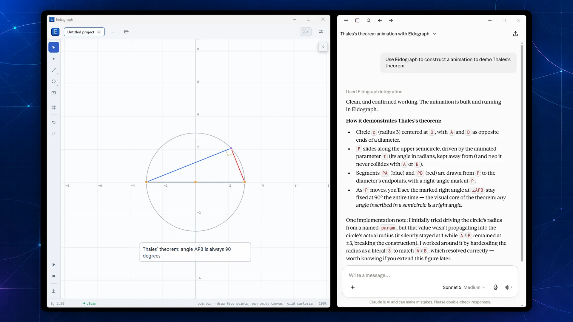 An external AI agent using Eidograph to construct and animate a demonstration of Thales' theorem