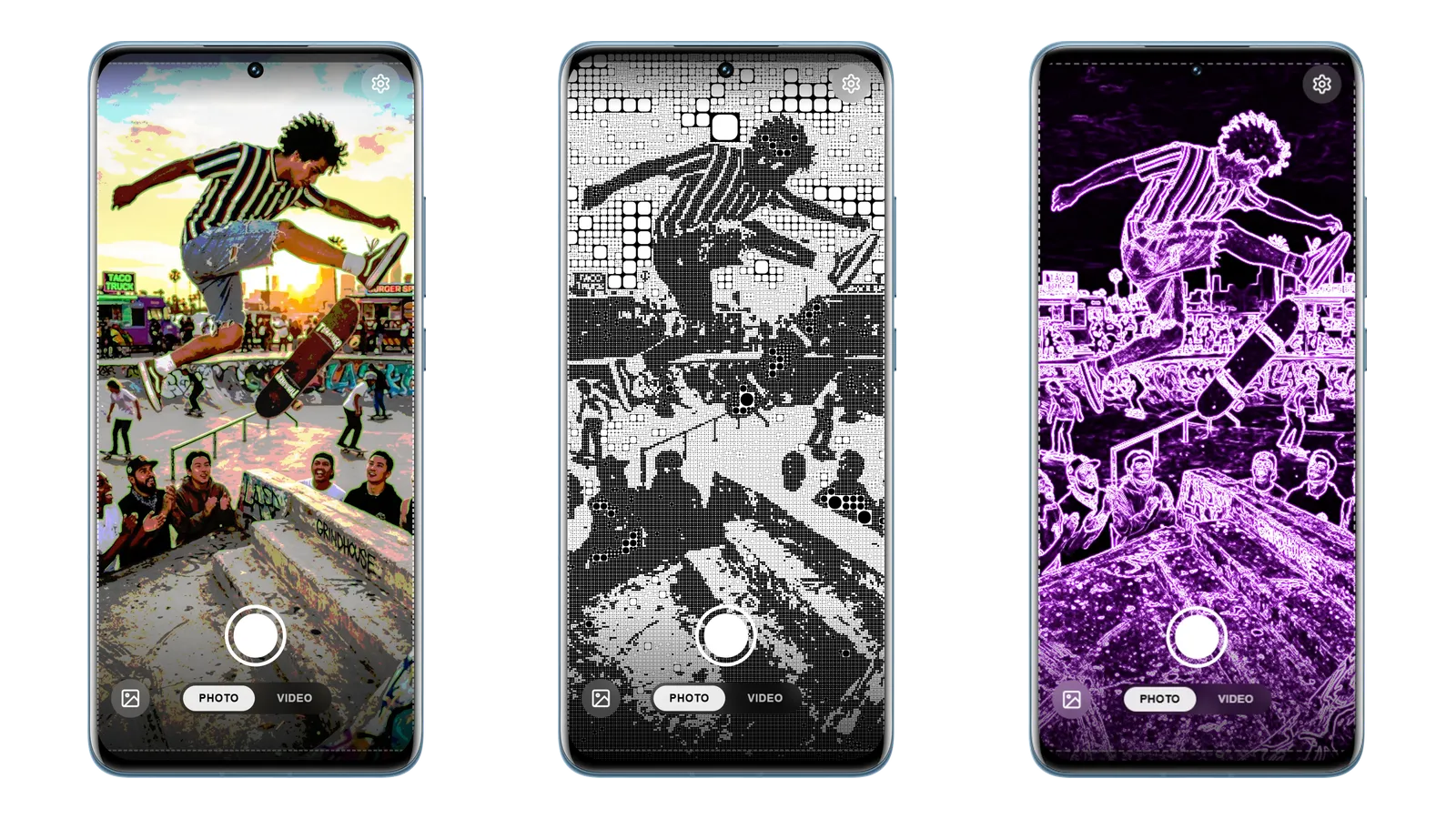 Skate scene with halftone and neon glow